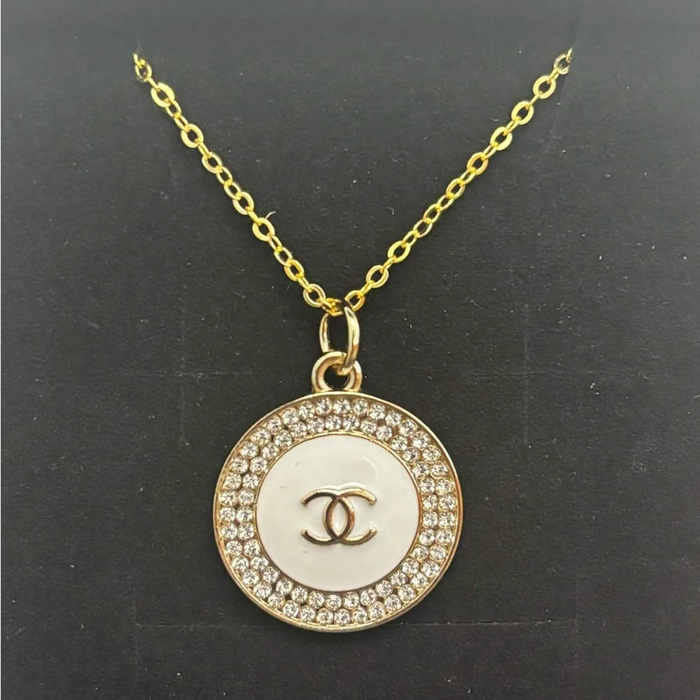 CC CHANEL Gold White Logo Crystal Charm Upcycled Necklace, 18 inches - Picture 2 of 4